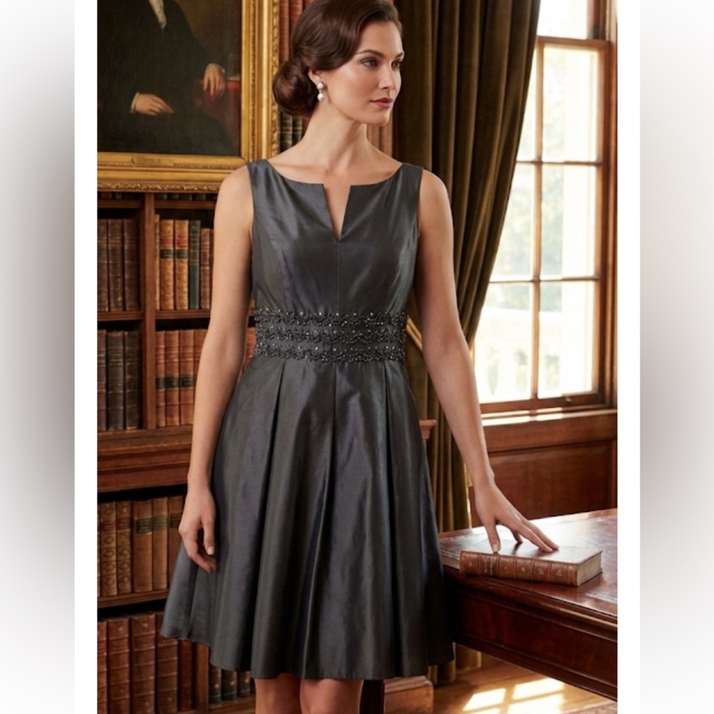 Jones New York Beaded Waist Cocktail Dress - Charcoal Grey Size 14